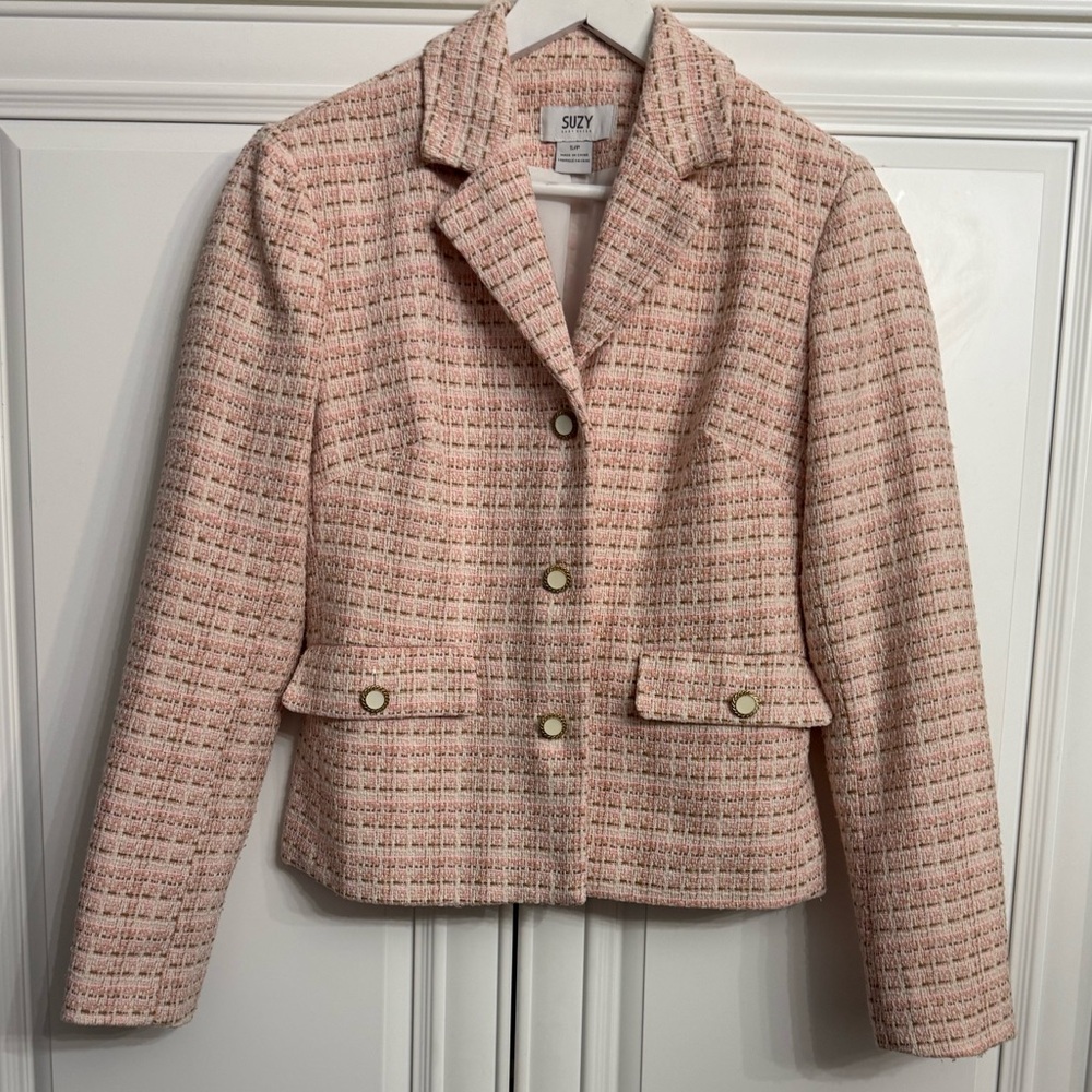 Suzy Shier Size Small Pink Tweed Single Breasted Blazer 3 Buttons Two Pockets